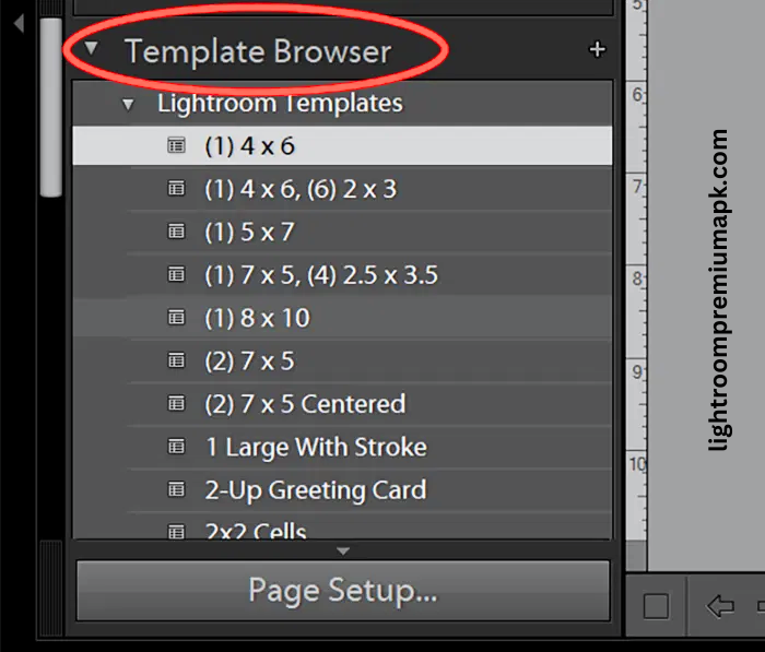 Lightroom Template Browser that apprear LIghtroom app Print Module option, showing different sizes of templates