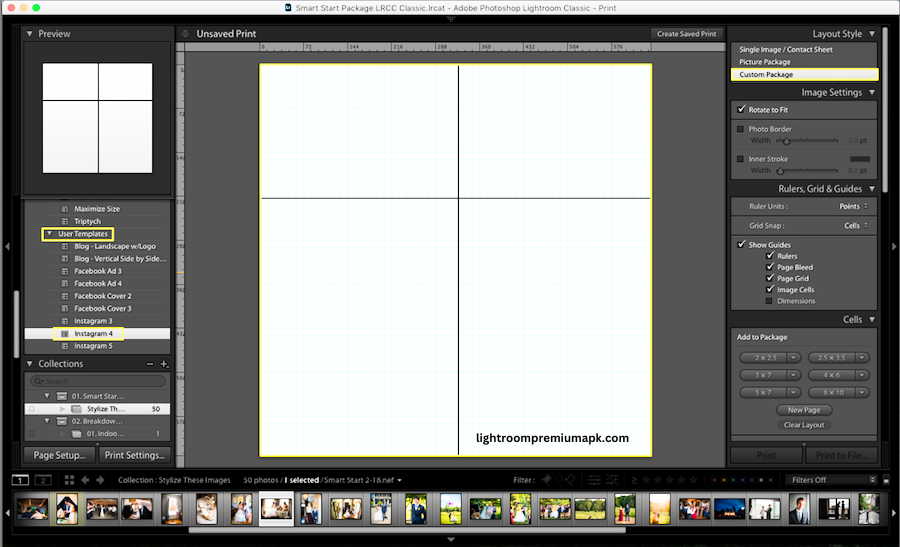 <Alt Text> User Template option in Lightroom Classic showing image insert option and image setting options. These option are available custom package of Lightroom Print Module for making Collage in Lightroom