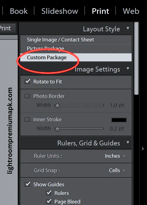 Custom package image settings options in LIghtroom app Print Module option,  while making Collage in Lightroom
