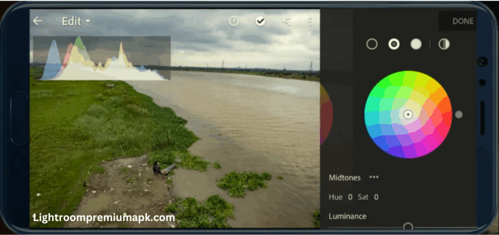 Lightroom color grading tool with circular color-shape grading icon, to control highlights, shadows & mid-tones.